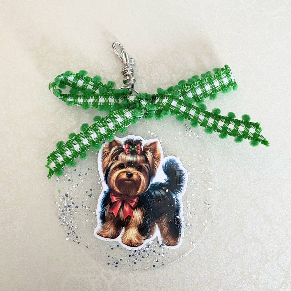 Hand Crafted Green Ribbon Yorkie Key & Card Holder